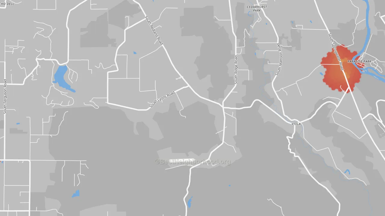 Walk Grade map of Viola, OR, walkable areas in green and car-dependent areas in red