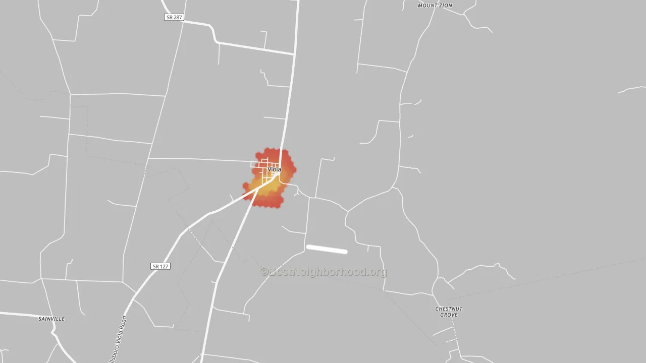 Walk Grade map of Viola, TN, walkable areas in green and car-dependent areas in red