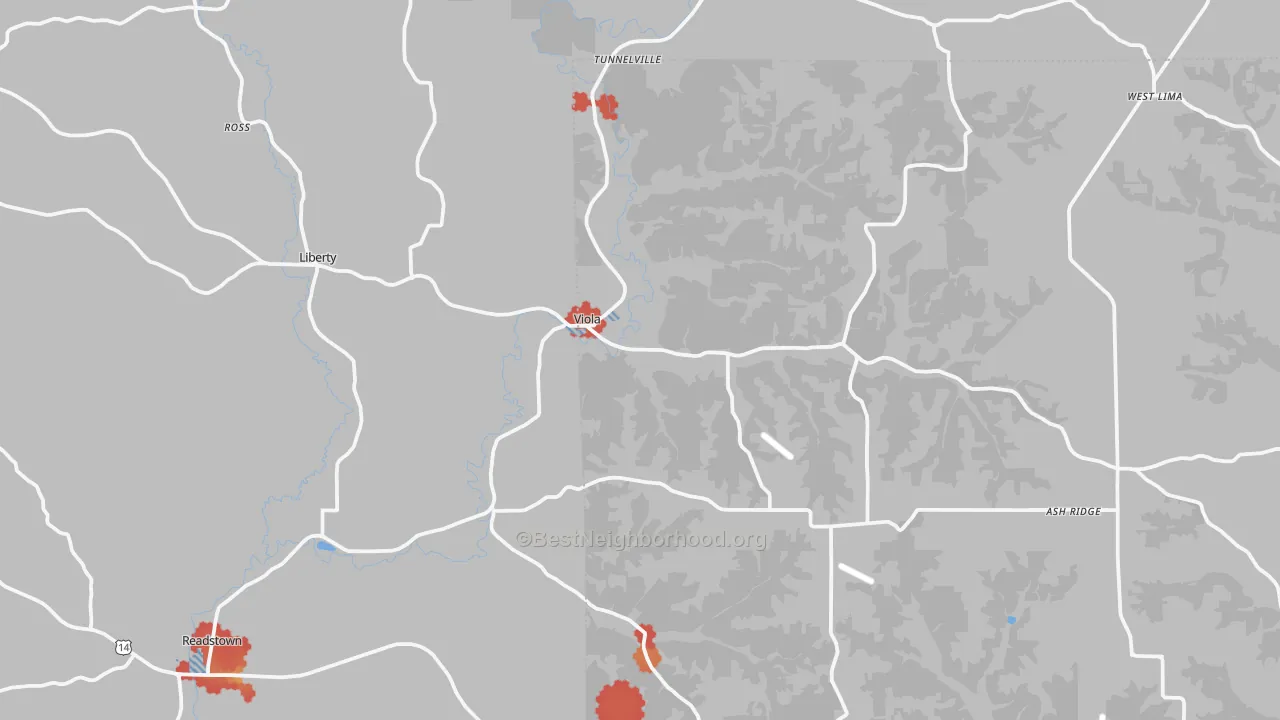 Walk Grade map of Viola, WI, walkable areas in green and car-dependent areas in red