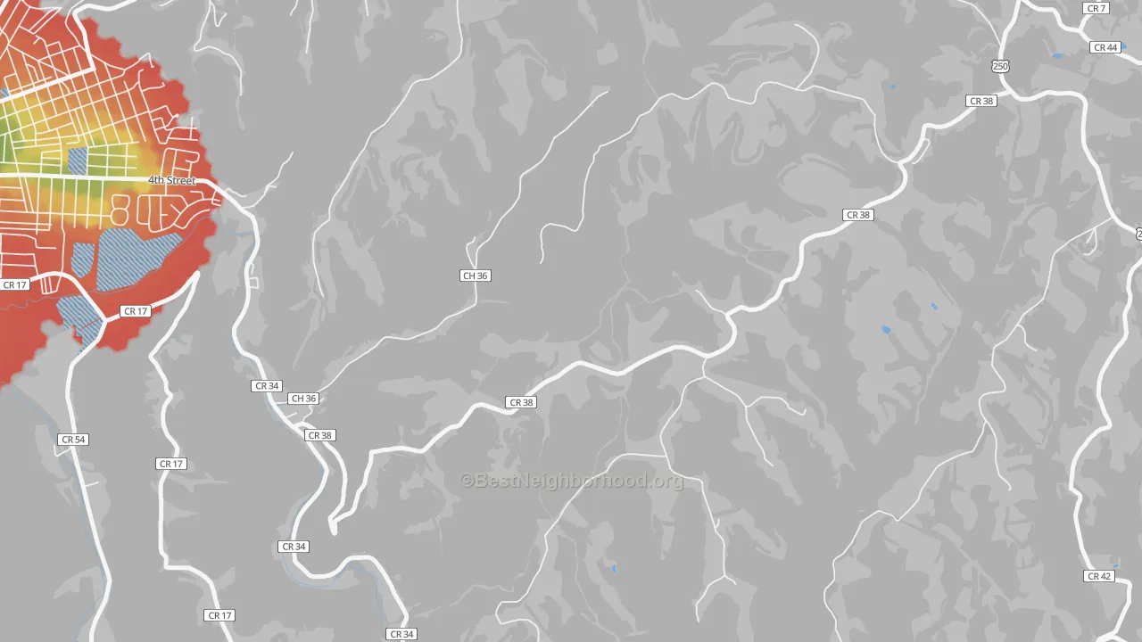 Walk Grade map of Viola, WV, walkable areas in green and car-dependent areas in red