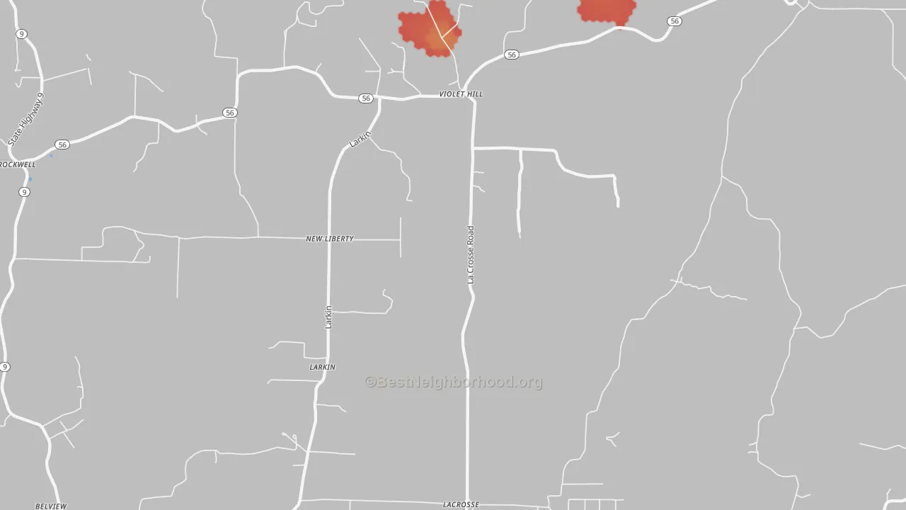 Walk Grade map of Violet Hill, AR, walkable areas in green and car-dependent areas in red