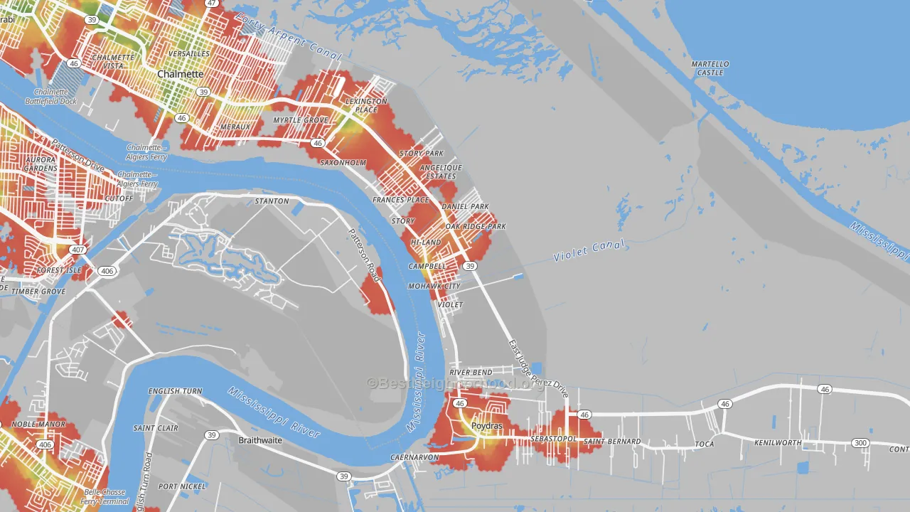 Walk Grade map of Violet, LA, walkable areas in green and car-dependent areas in red
