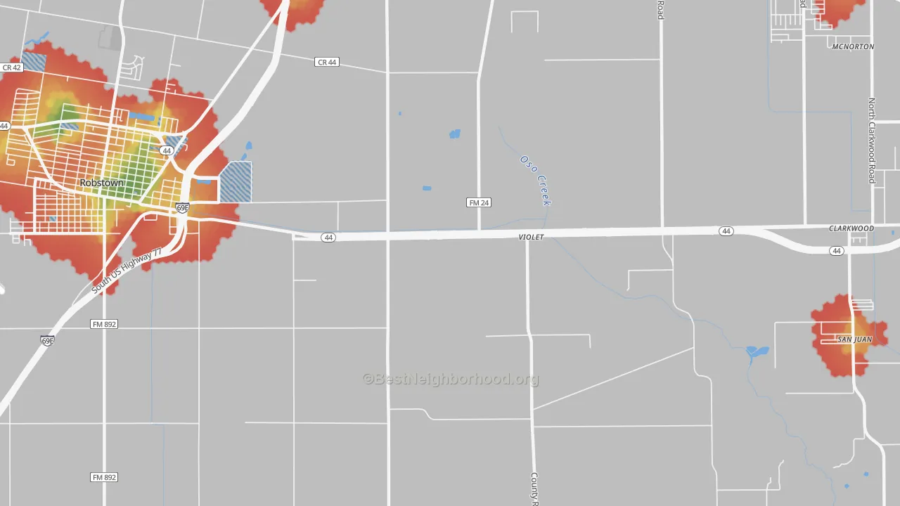 Walk Grade map of Violet, TX, walkable areas in green and car-dependent areas in red