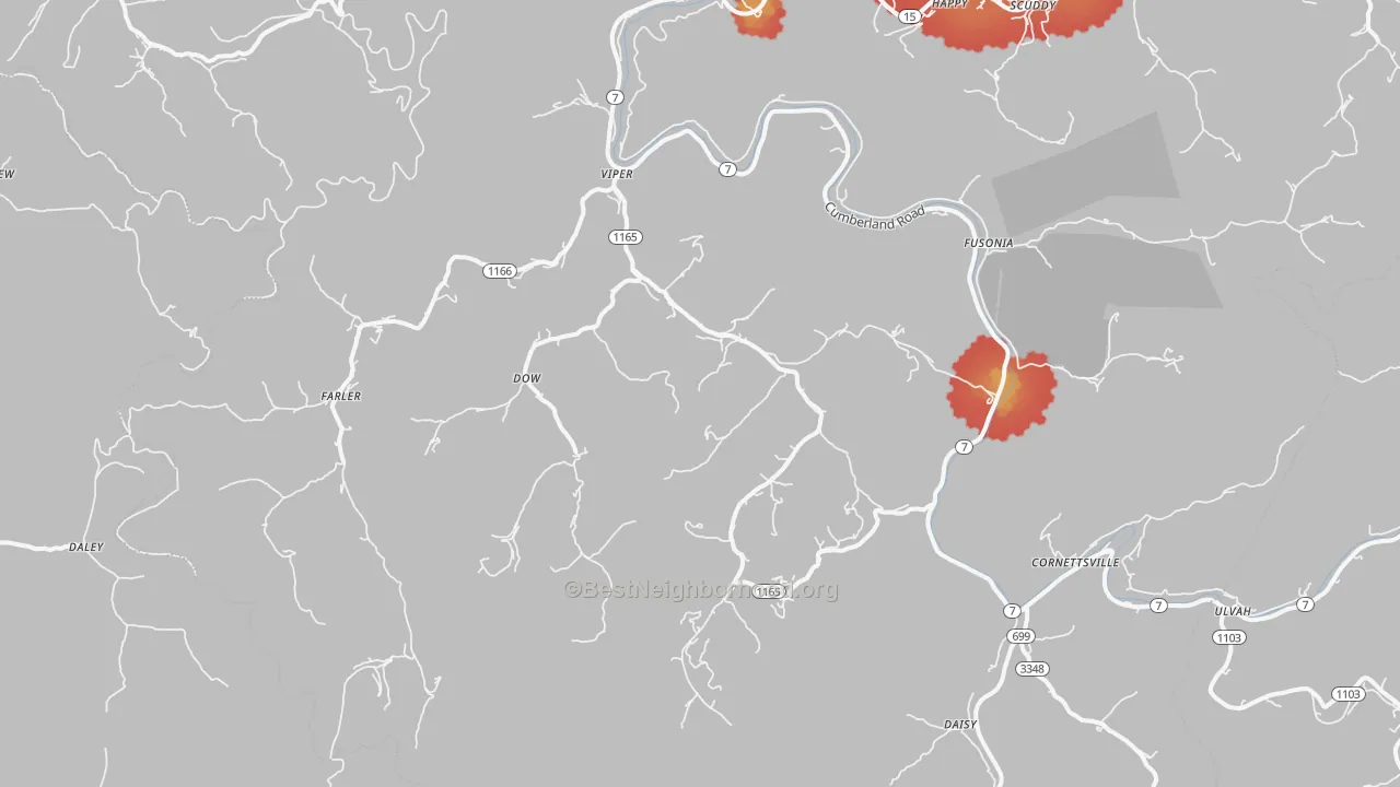 Walk Grade map of Viper, KY, walkable areas in green and car-dependent areas in red