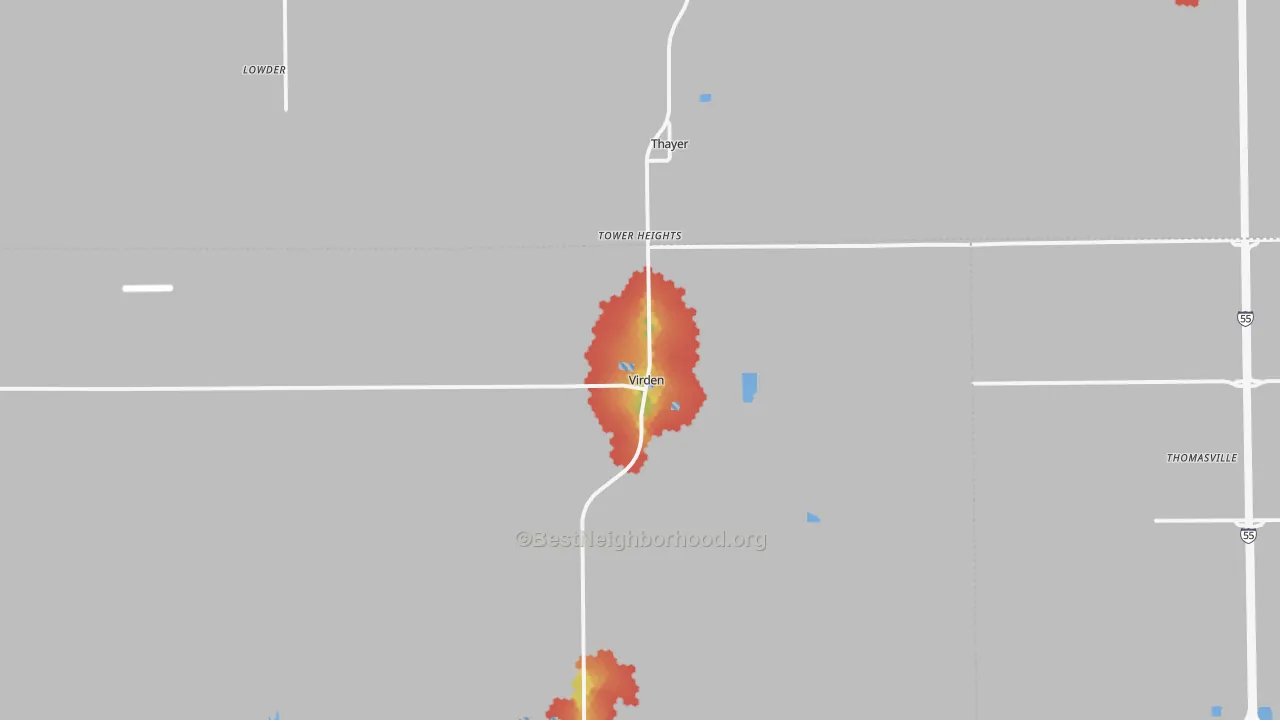 Walk Grade map of Virden, IL, walkable areas in green and car-dependent areas in red