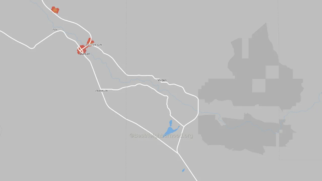 Walk Grade map of Virden, NM, walkable areas in green and car-dependent areas in red
