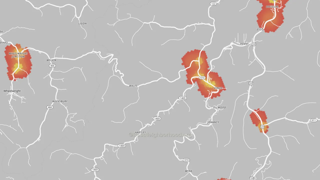 Walk Grade map of Virgie, KY, walkable areas in green and car-dependent areas in red