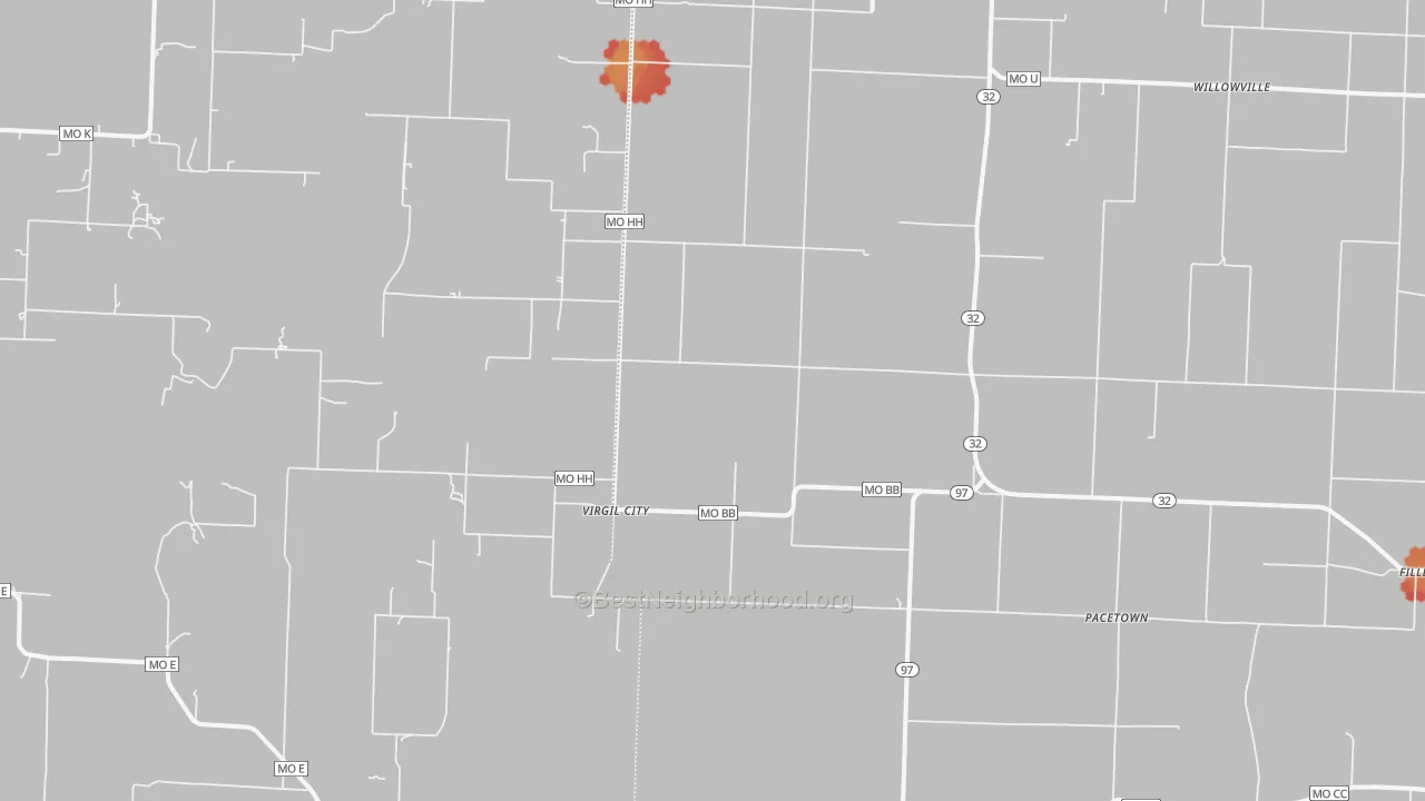 Walk Grade map of Virgil City, MO, walkable areas in green and car-dependent areas in red