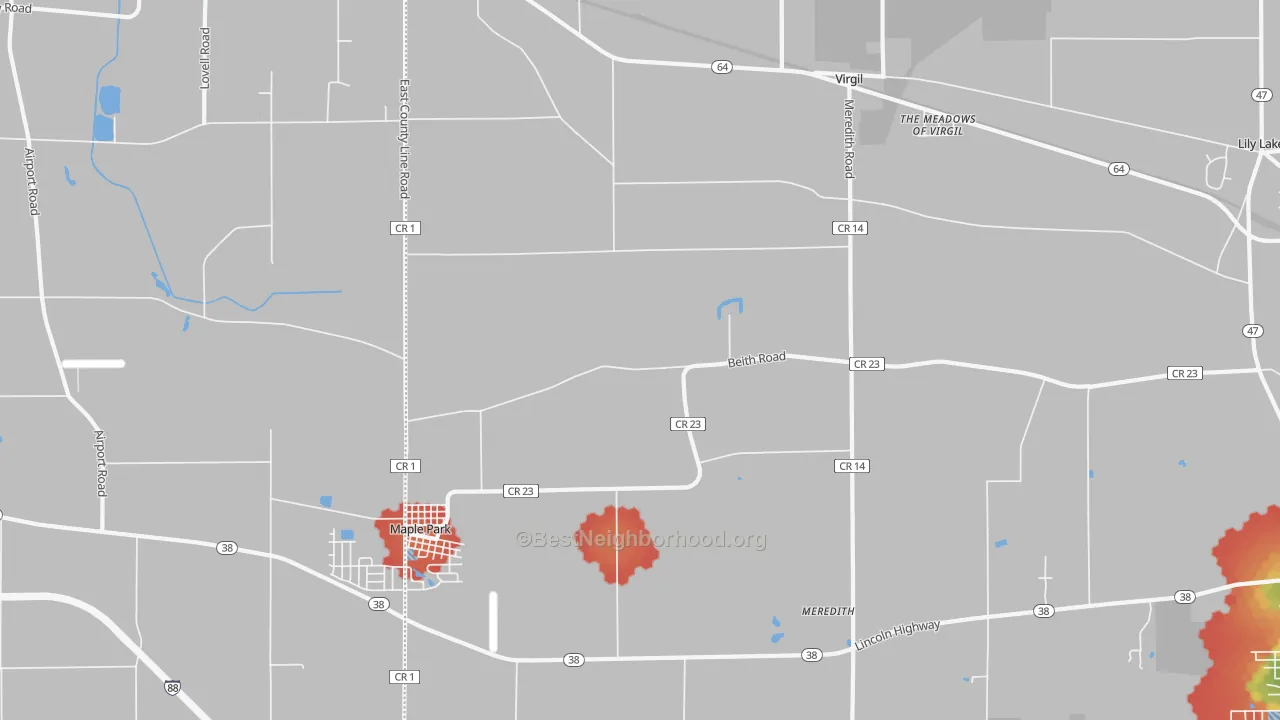 Walk Grade map of Virgil, IL, walkable areas in green and car-dependent areas in red