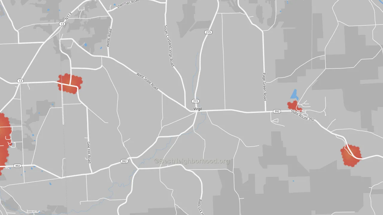 Walk Grade map of Virgil, NY, walkable areas in green and car-dependent areas in red