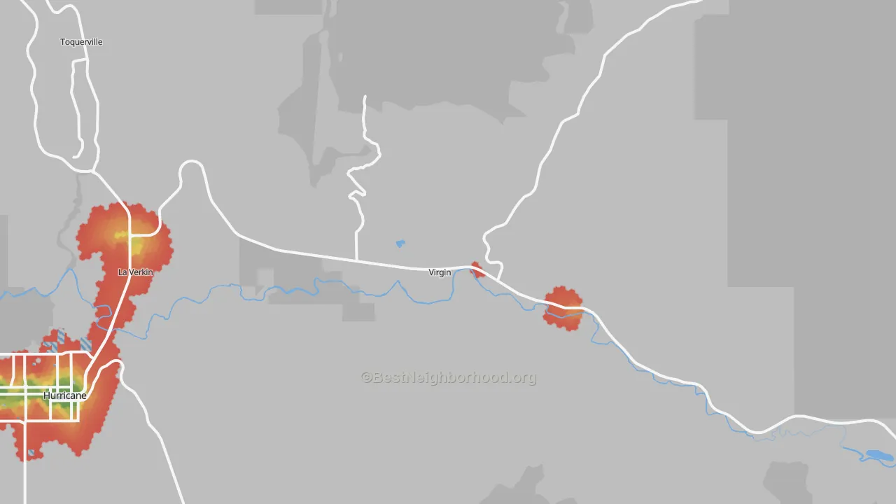 Walk Grade map of Virgin, UT, walkable areas in green and car-dependent areas in red