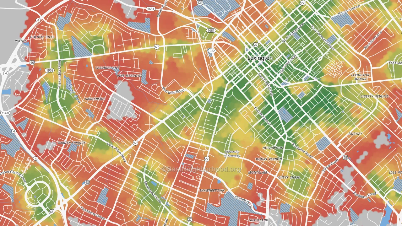 Walk Grade map of Virginia Ave, Lexington, KY, walkable areas in green and car-dependent areas in red