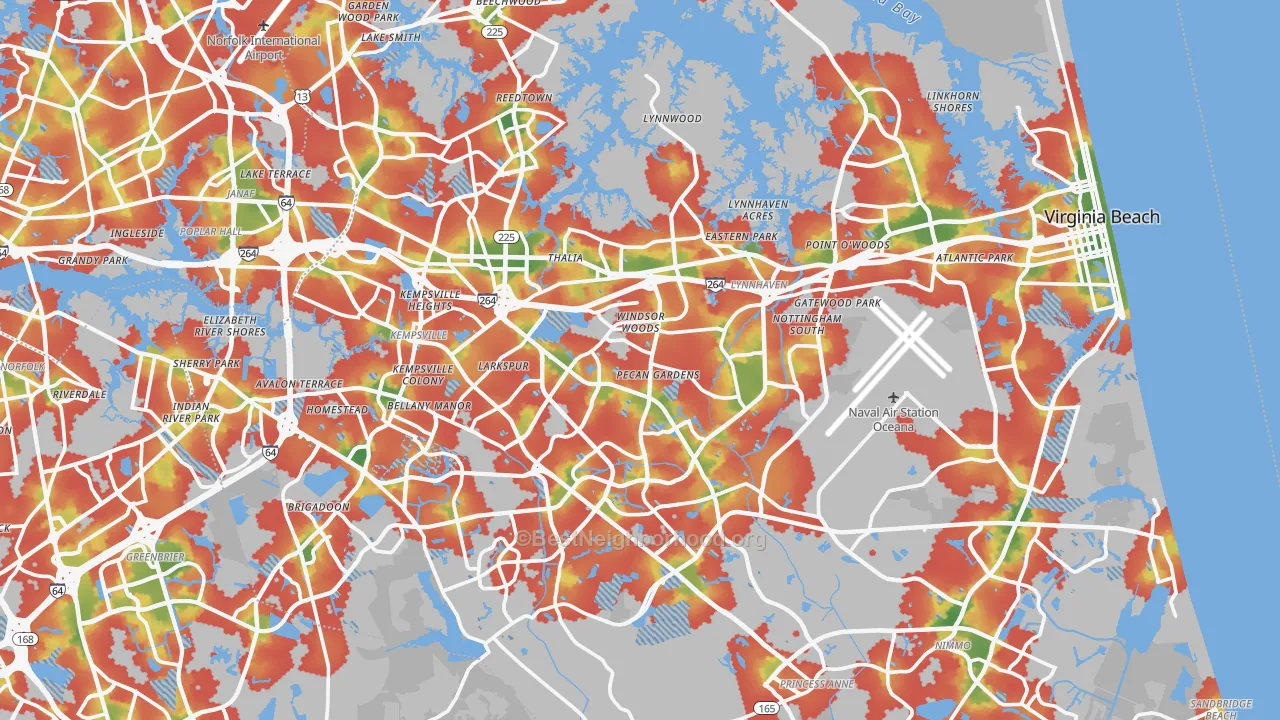 Walk Grade map of Virginia Beach City, VA, walkable areas in green and car-dependent areas in red