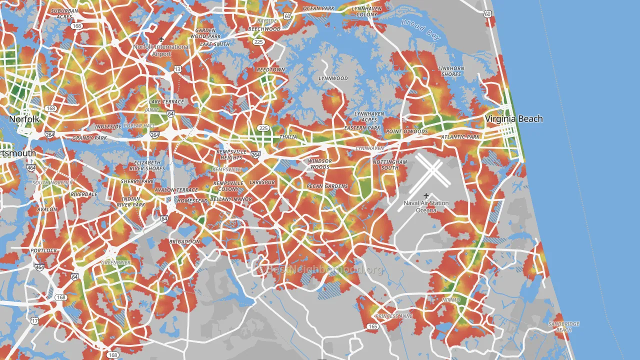 Walk Grade map of Virginia Beach, VA, walkable areas in green and car-dependent areas in red