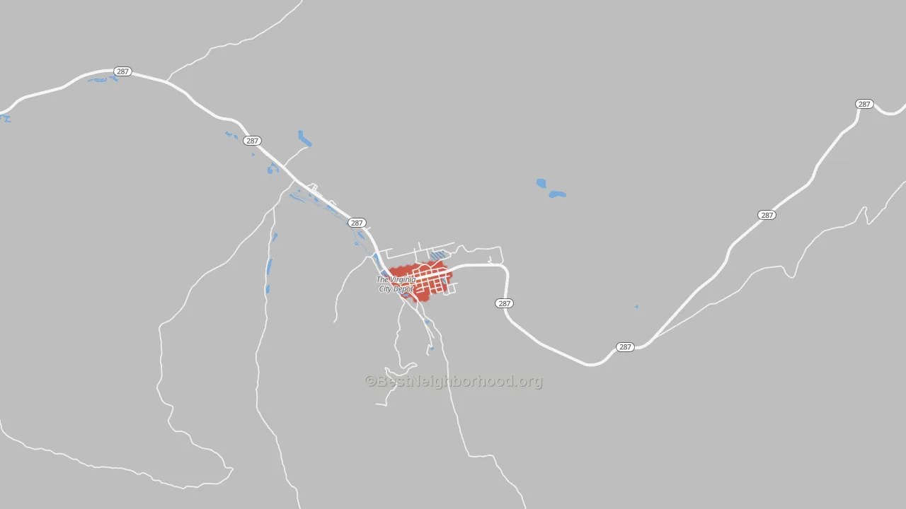 Walk Grade map of Virginia City, MT, walkable areas in green and car-dependent areas in red