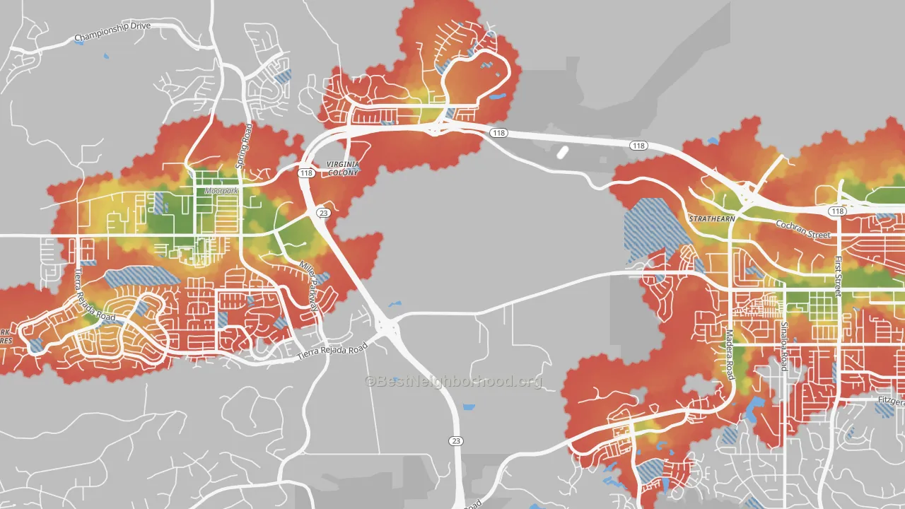 Walk Grade map of Virginia Colony, CA, walkable areas in green and car-dependent areas in red