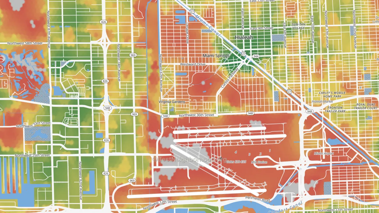 Walk Grade map of Virginia Gardens, FL, walkable areas in green and car-dependent areas in red