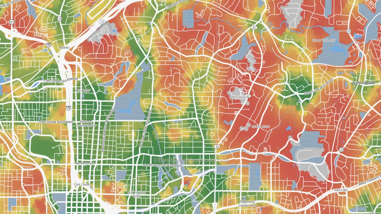 Walk Grade map of Virginia-Highland, Atlanta, GA, walkable areas in green and car-dependent areas in red