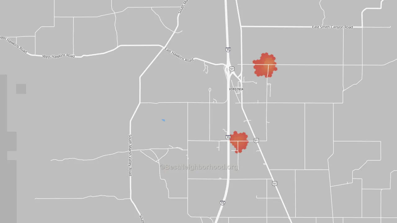 Walk Grade map of Virginia, ID, walkable areas in green and car-dependent areas in red