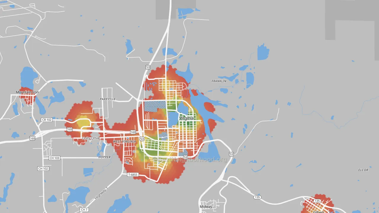 Walk Grade map of Virginia, MN, walkable areas in green and car-dependent areas in red