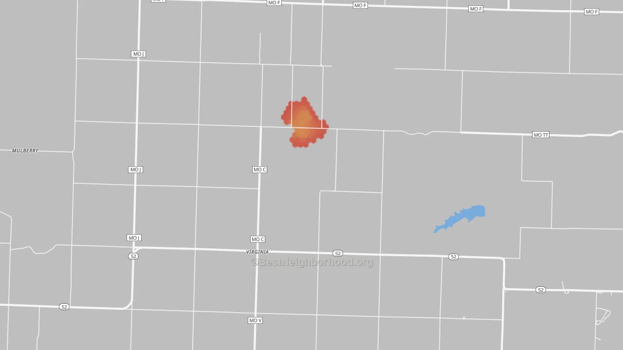 Walk Grade map of Virginia, MO, walkable areas in green and car-dependent areas in red