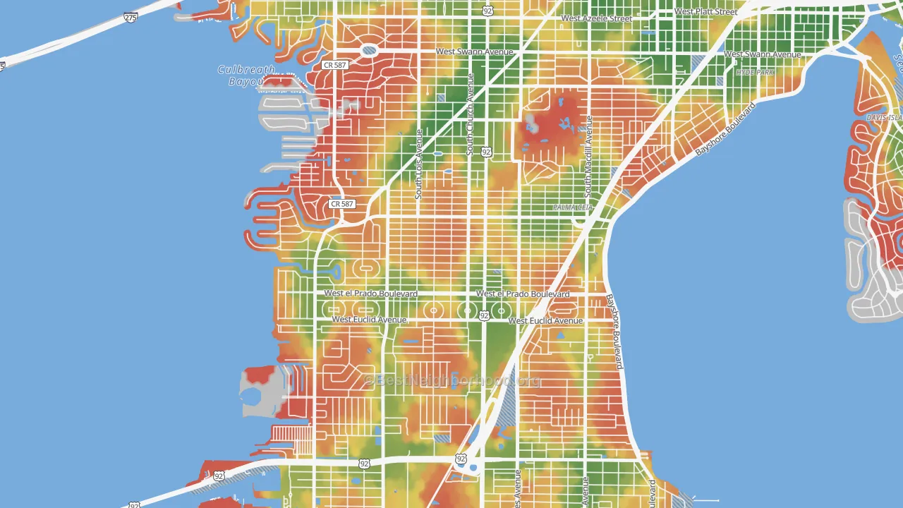 Walk Grade map of Virginia Park, Tampa, FL, walkable areas in green and car-dependent areas in red