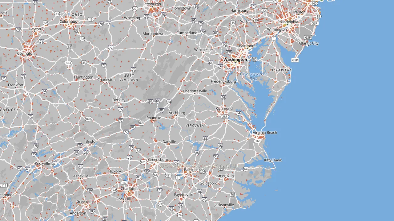 Walk Grade map of Virginia, walkable areas in green and car-dependent areas in red