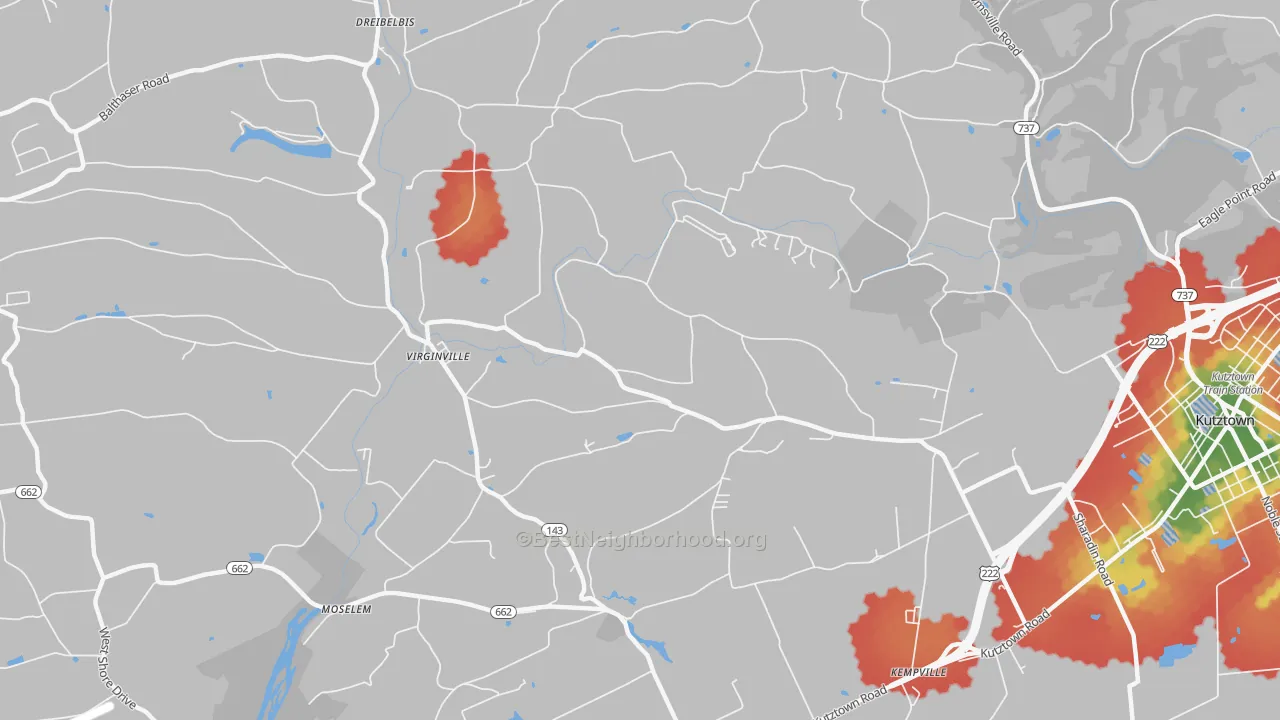 Walk Grade map of Virginville, PA, walkable areas in green and car-dependent areas in red