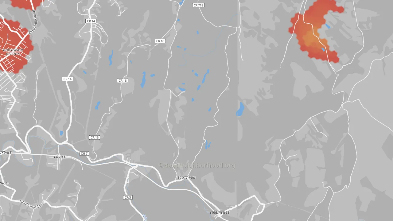 Walk Grade map of Virginville, WV, walkable areas in green and car-dependent areas in red