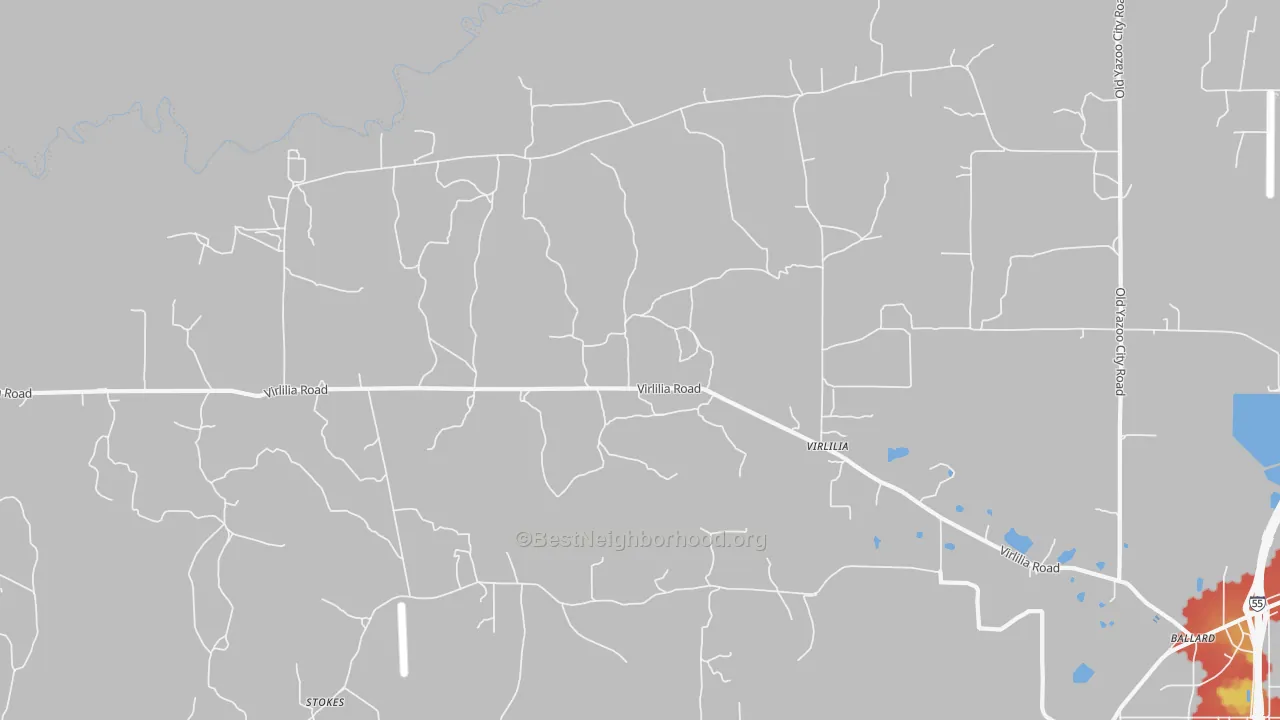 Walk Grade map of Virlilia, MS, walkable areas in green and car-dependent areas in red