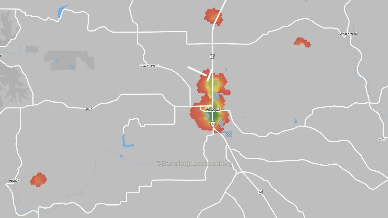 Walk Grade map of Viroqua, WI, walkable areas in green and car-dependent areas in red