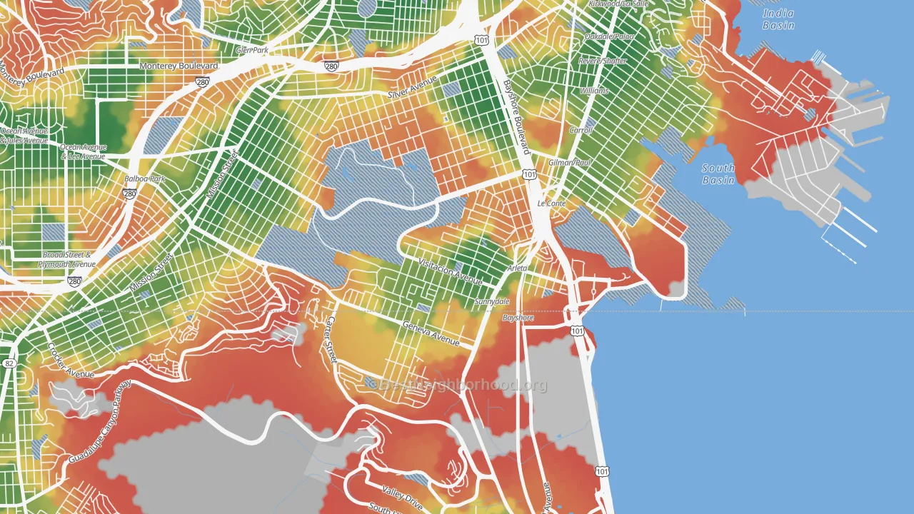 Walk Grade map of Visitacion Valley, San Francisco, CA, walkable areas in green and car-dependent areas in red