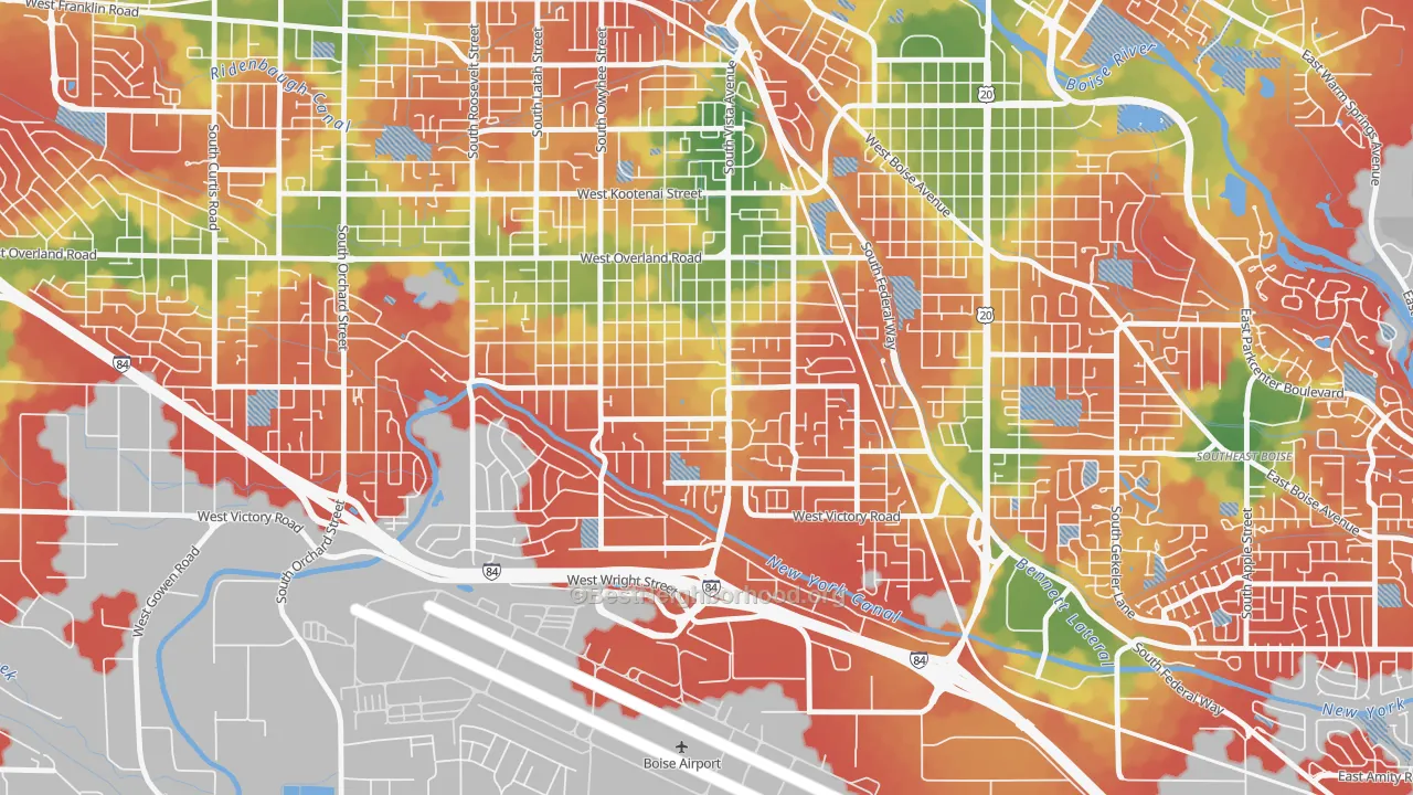 Walk Grade map of Vista, Boise, ID, walkable areas in green and car-dependent areas in red