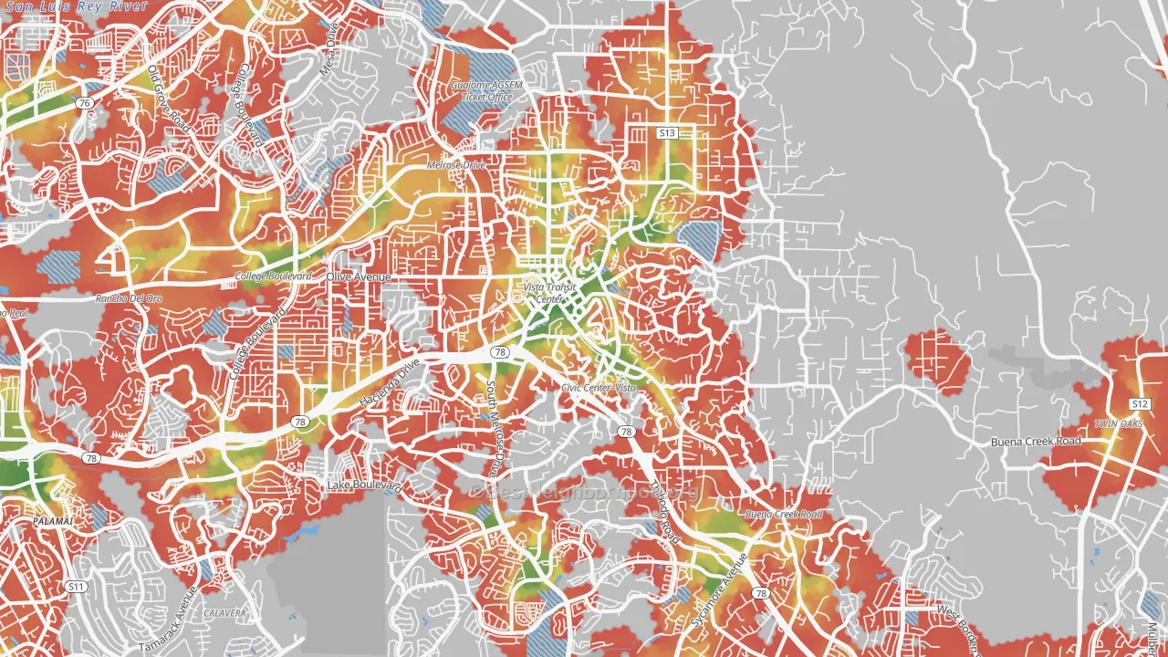 Walk Grade map of Vista, CA, walkable areas in green and car-dependent areas in red