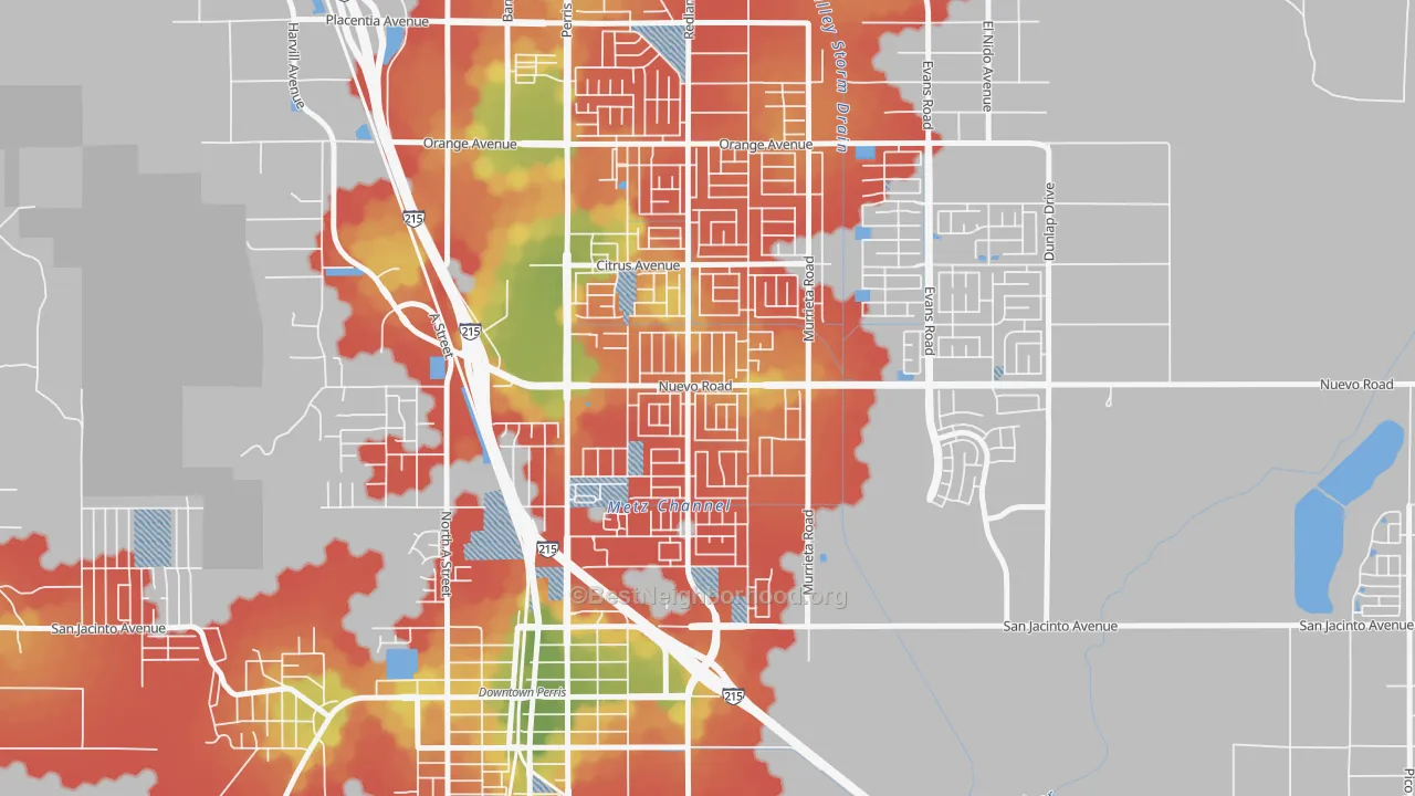 Walk Grade map of Vista Creek, Perris, CA, walkable areas in green and car-dependent areas in red