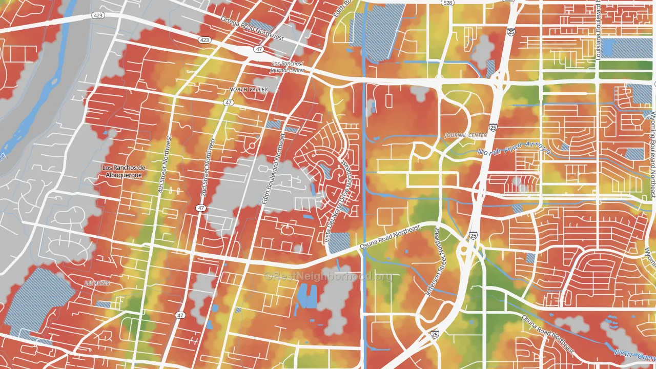 Walk Grade map of Vista del Norte, Albuquerque, NM, walkable areas in green and car-dependent areas in red