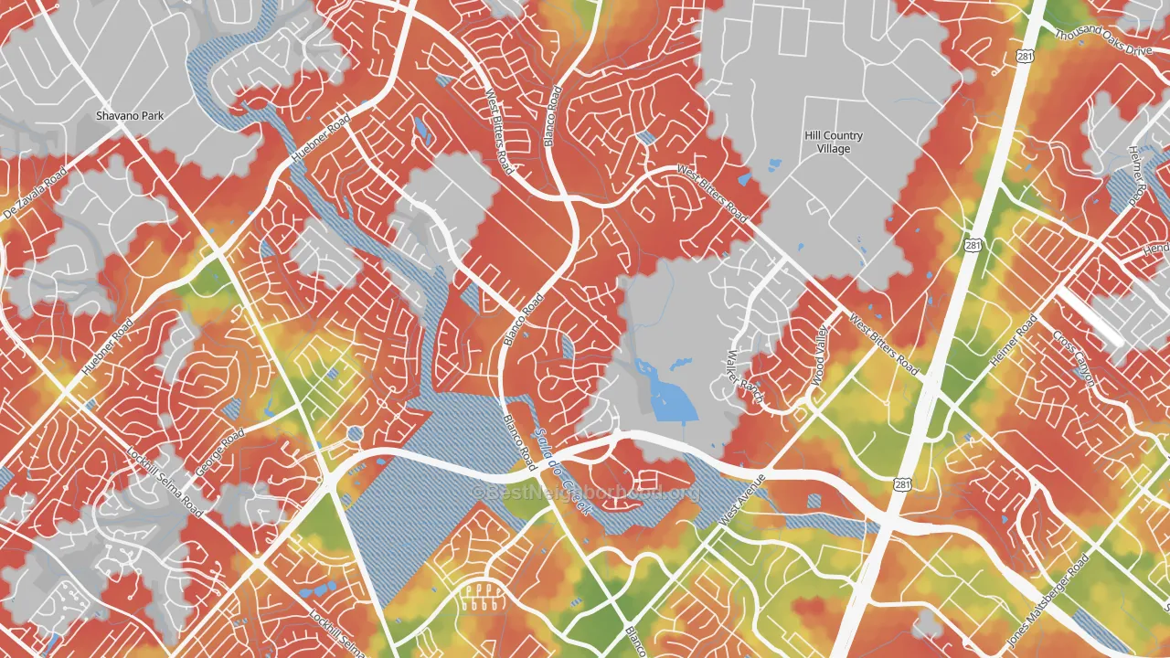 Walk Grade map of Vista del Norte, San Antonio, TX, walkable areas in green and car-dependent areas in red
