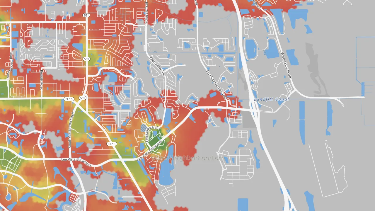 Walk Grade map of Vista East, Orlando, FL, walkable areas in green and car-dependent areas in red