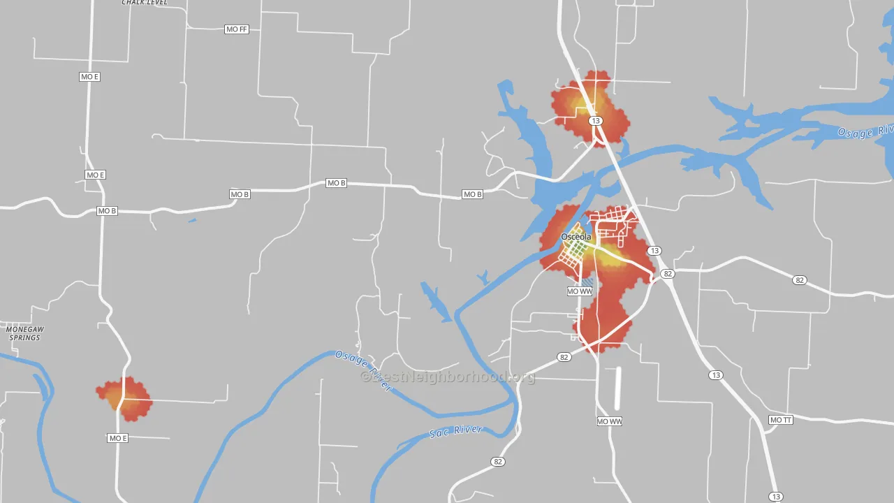 Walk Grade map of Vista, MO, walkable areas in green and car-dependent areas in red