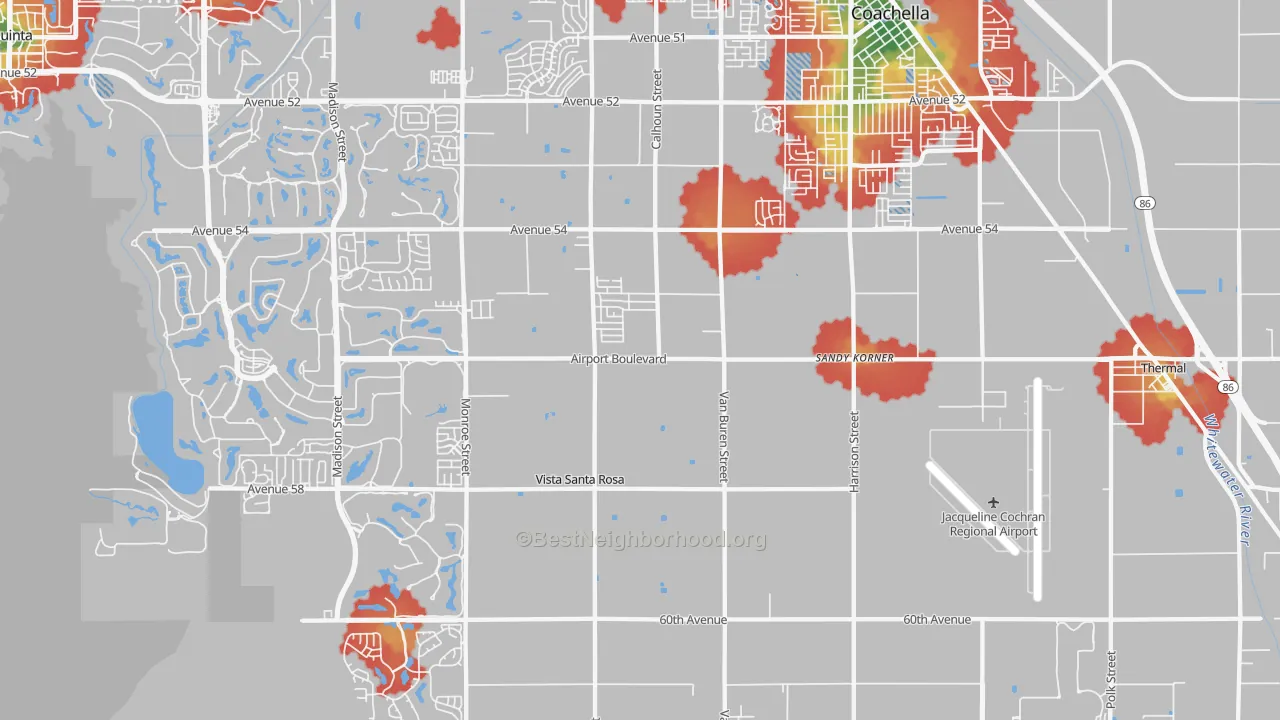 Walk Grade map of Vista Santa Rosa, CA, walkable areas in green and car-dependent areas in red