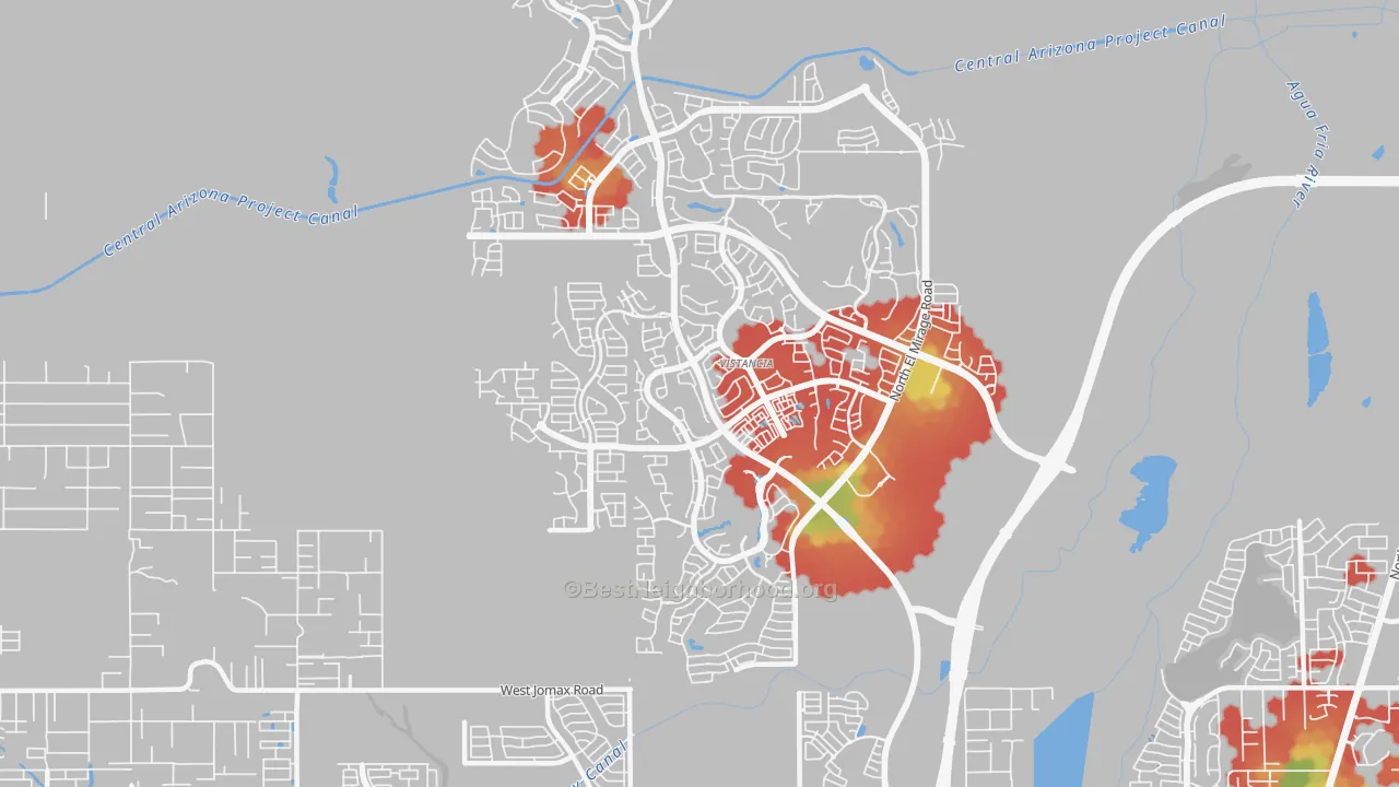 Walk Grade map of Vistancia, Peoria, AZ, walkable areas in green and car-dependent areas in red