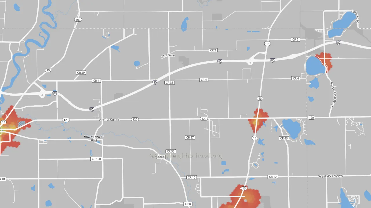 Walk Grade map of Vistula, IN, walkable areas in green and car-dependent areas in red