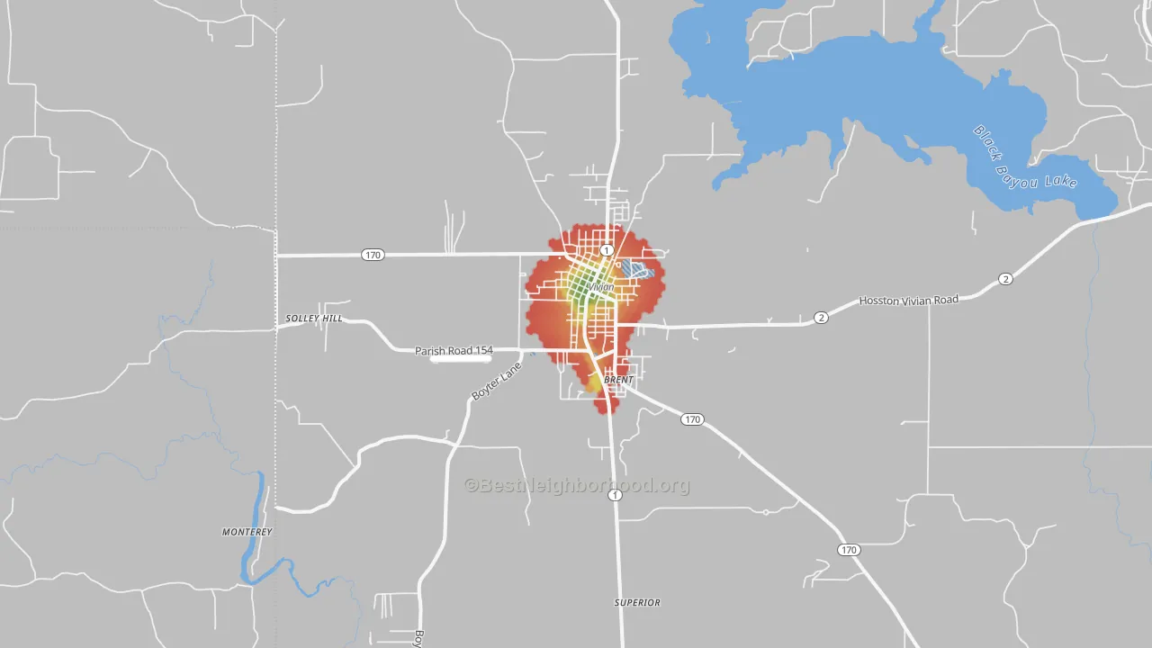 Walk Grade map of Vivian, LA, walkable areas in green and car-dependent areas in red
