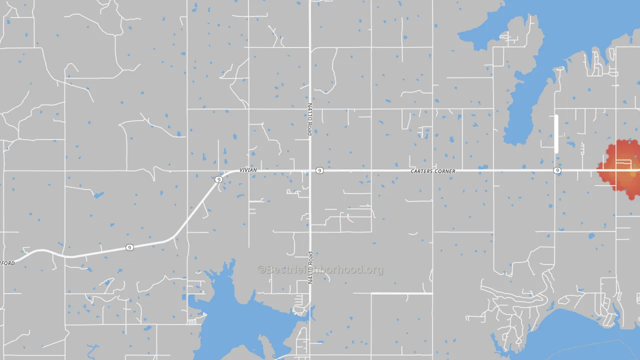 Walk Grade map of Vivian, OK, walkable areas in green and car-dependent areas in red