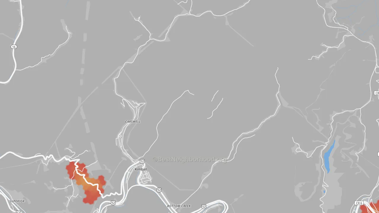 Walk Grade map of Vivian, WV, walkable areas in green and car-dependent areas in red