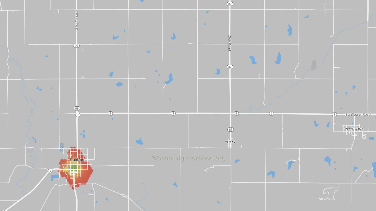 Walk Grade map of Vliets, KS, walkable areas in green and car-dependent areas in red