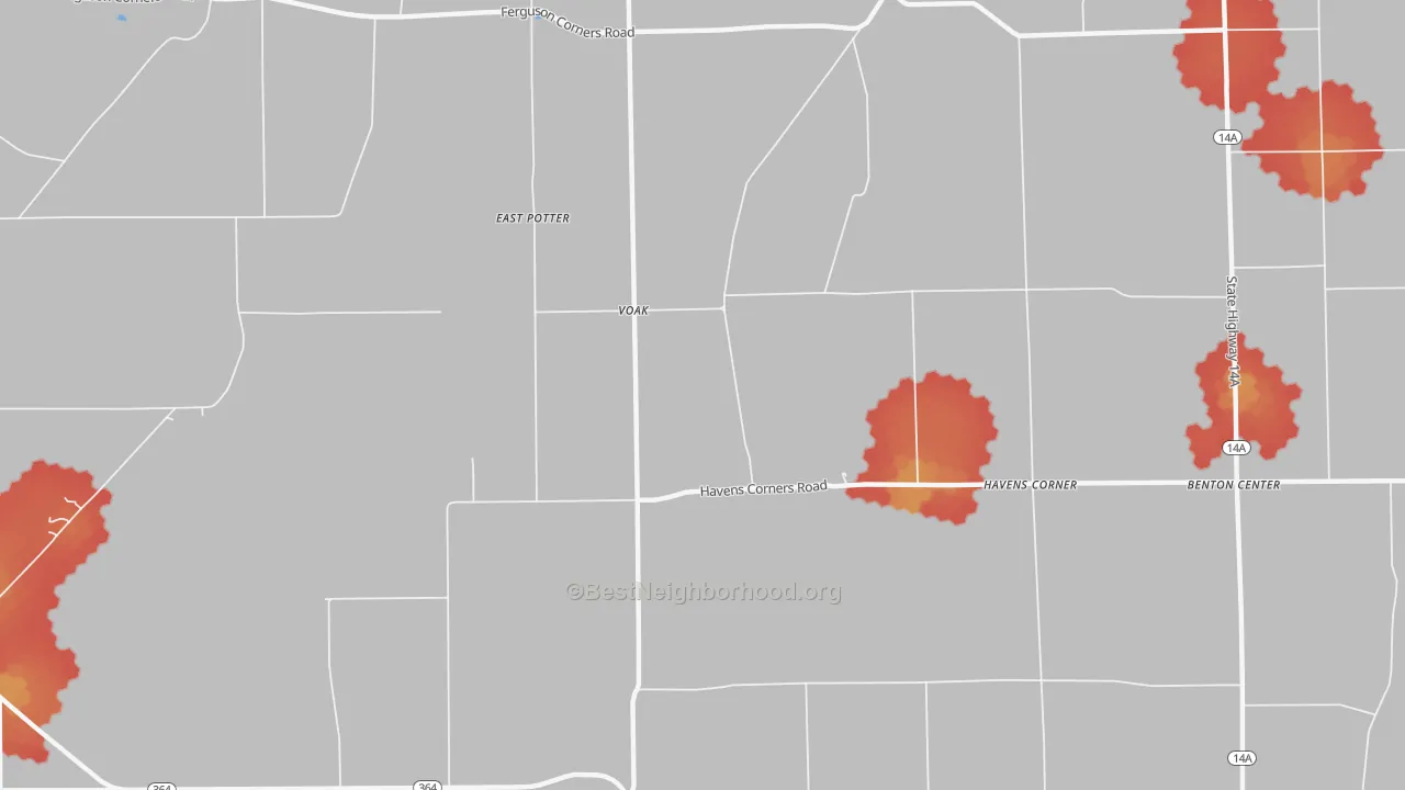 Walk Grade map of Voak, NY, walkable areas in green and car-dependent areas in red