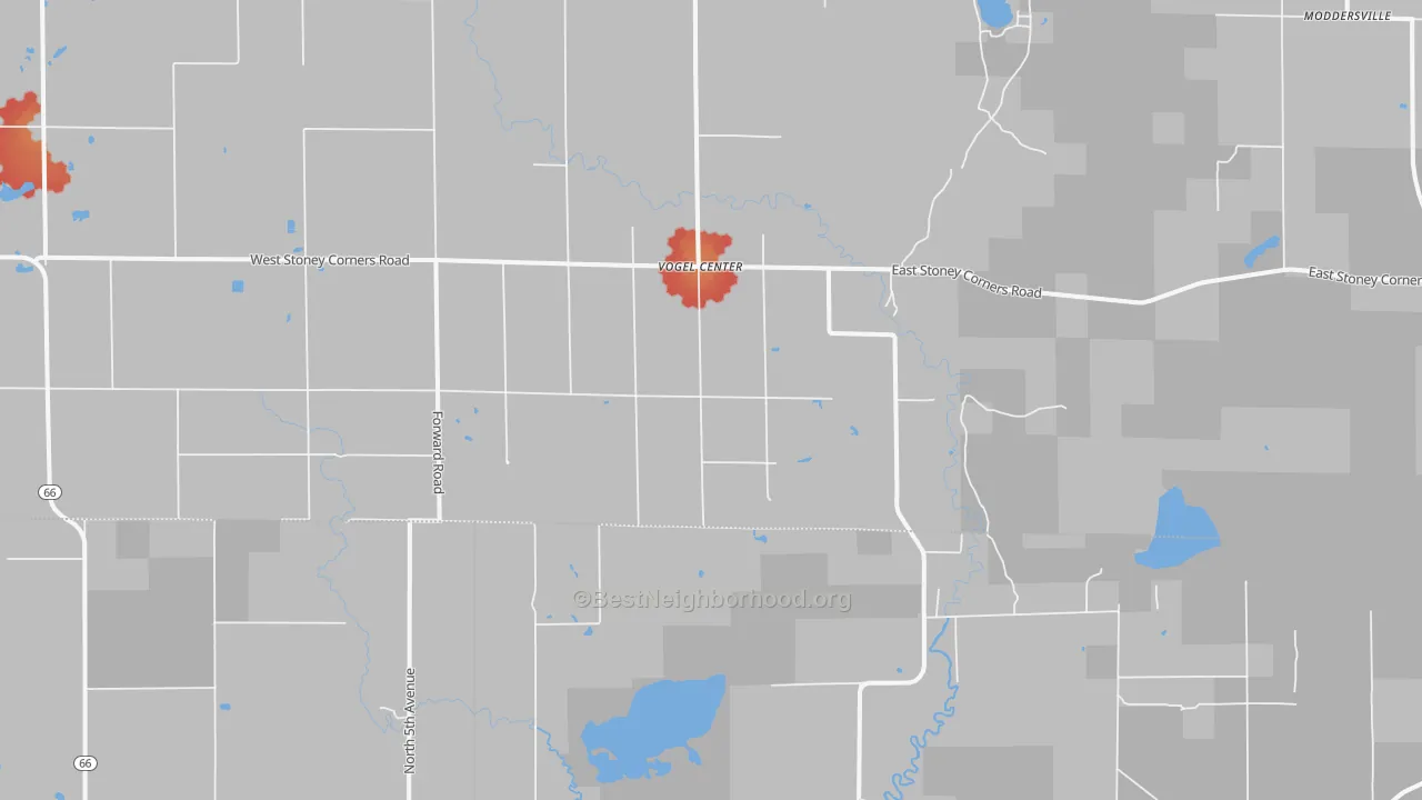 Walk Grade map of Vogel Center, MI, walkable areas in green and car-dependent areas in red