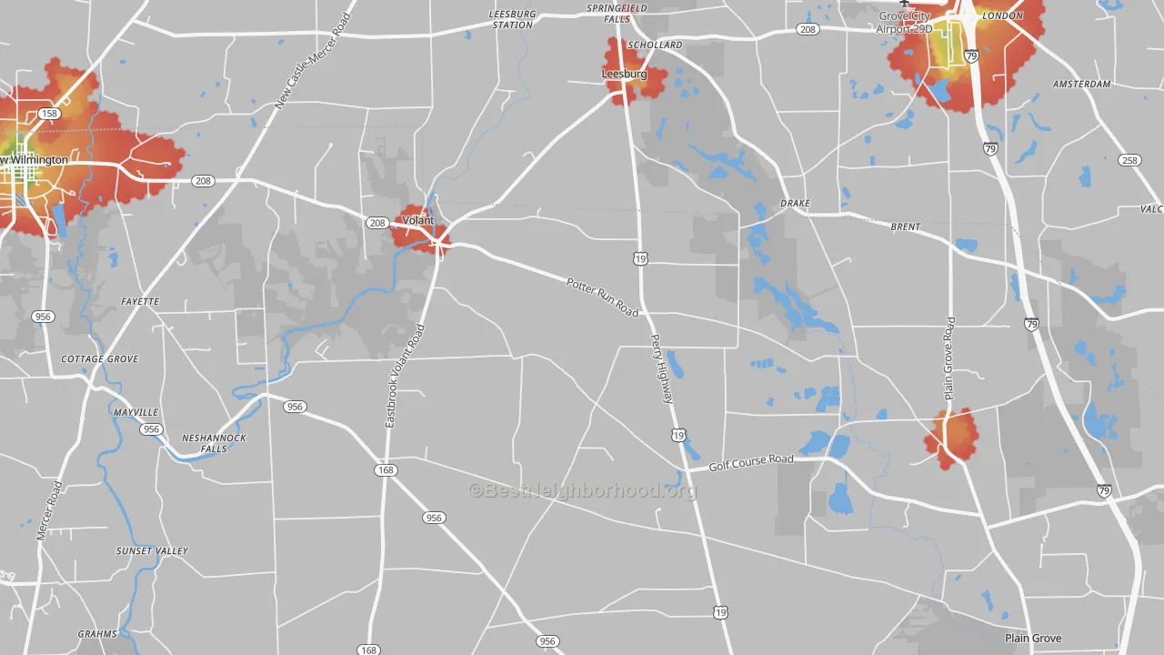 Walk Grade map of Volant, PA, walkable areas in green and car-dependent areas in red