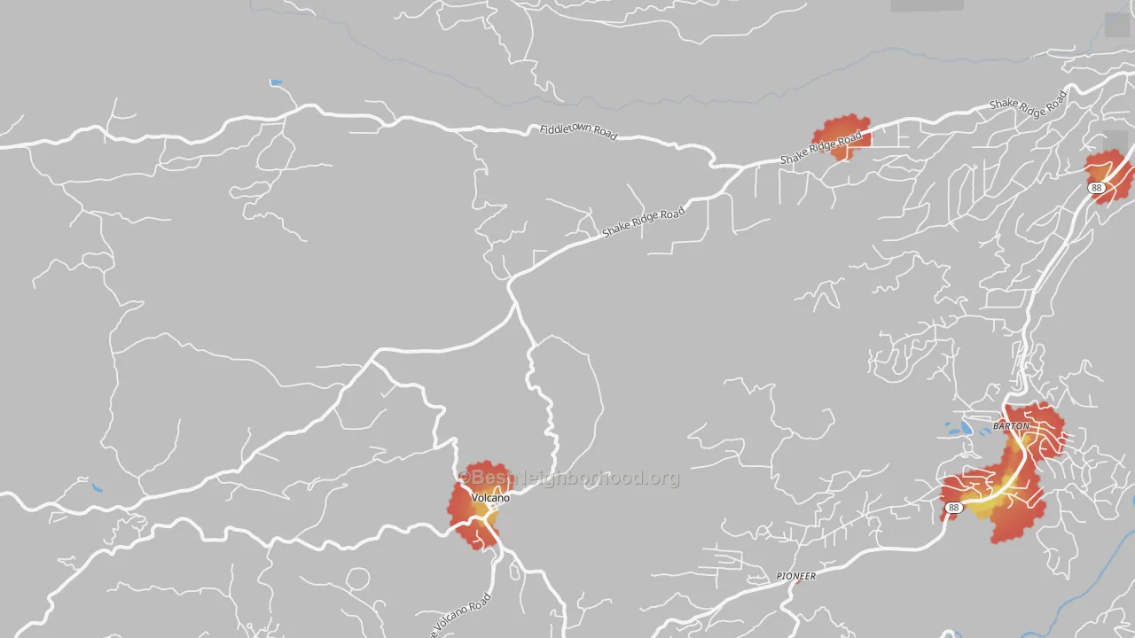 Walk Grade map of Volcano, CA, walkable areas in green and car-dependent areas in red